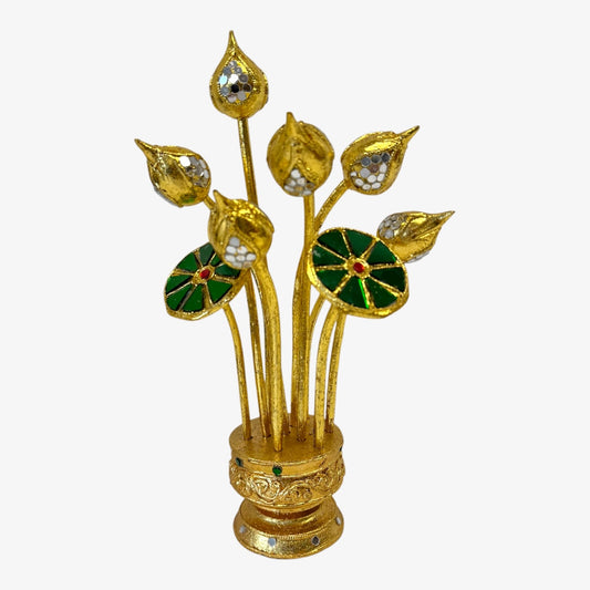 Lotusblüten eingebetet in goldverzierter Vase inkl. 3 güner Blätter
